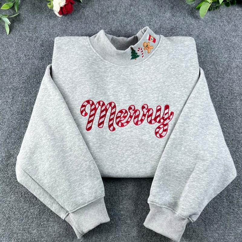 Embroidered Merry christmas  Mockneck Sweatshirt, Christmas Candy Cane Crewneck, Cozy Holiday Sweater, gift for her