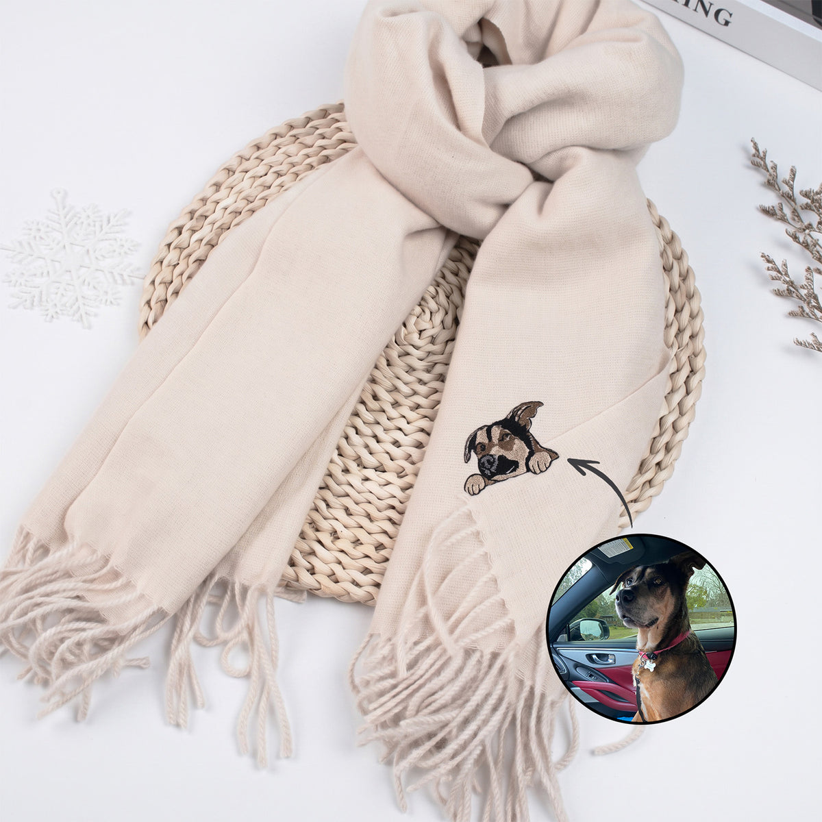 Custom Pet Portrait Embroidered Scarf, Personalized Dog & Cat Scarf, Unique Christmas Gift for Pet Lovers