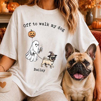 Off to Walk My Dog - Personalized Halloween Pet Shirt, Custom Text & Pet Portrait Ghost Tee for Pet Lovers