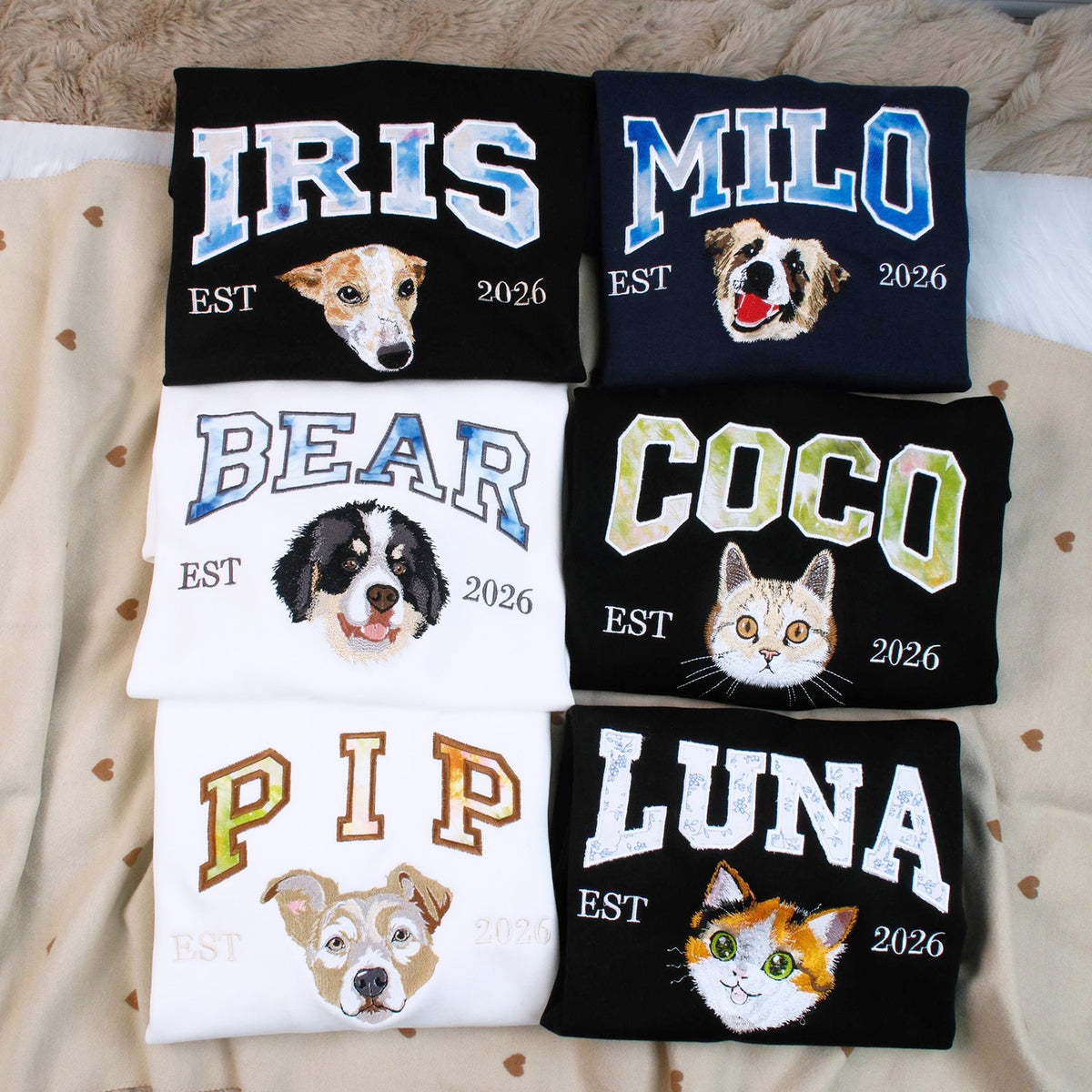 Custom Pet Portrait Embroidered Sweatshirt with Patterned Appliqué Varsity Name