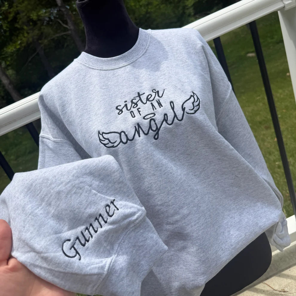 Custom Memorial Embroidered Sweatshirt, Personalized [Relationship] of an Angel Crewneck, Name & Dates on Sleeves, In Loving Memory Gift