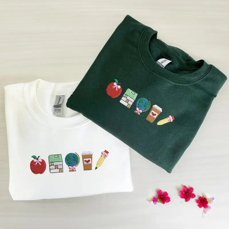 School Icons Teacher Life Embroidered T-shirt/Sweatshirt/Hoodie - Teacher Crewneck, Teachers Day Gift Ideas, Cool Teacher Gift