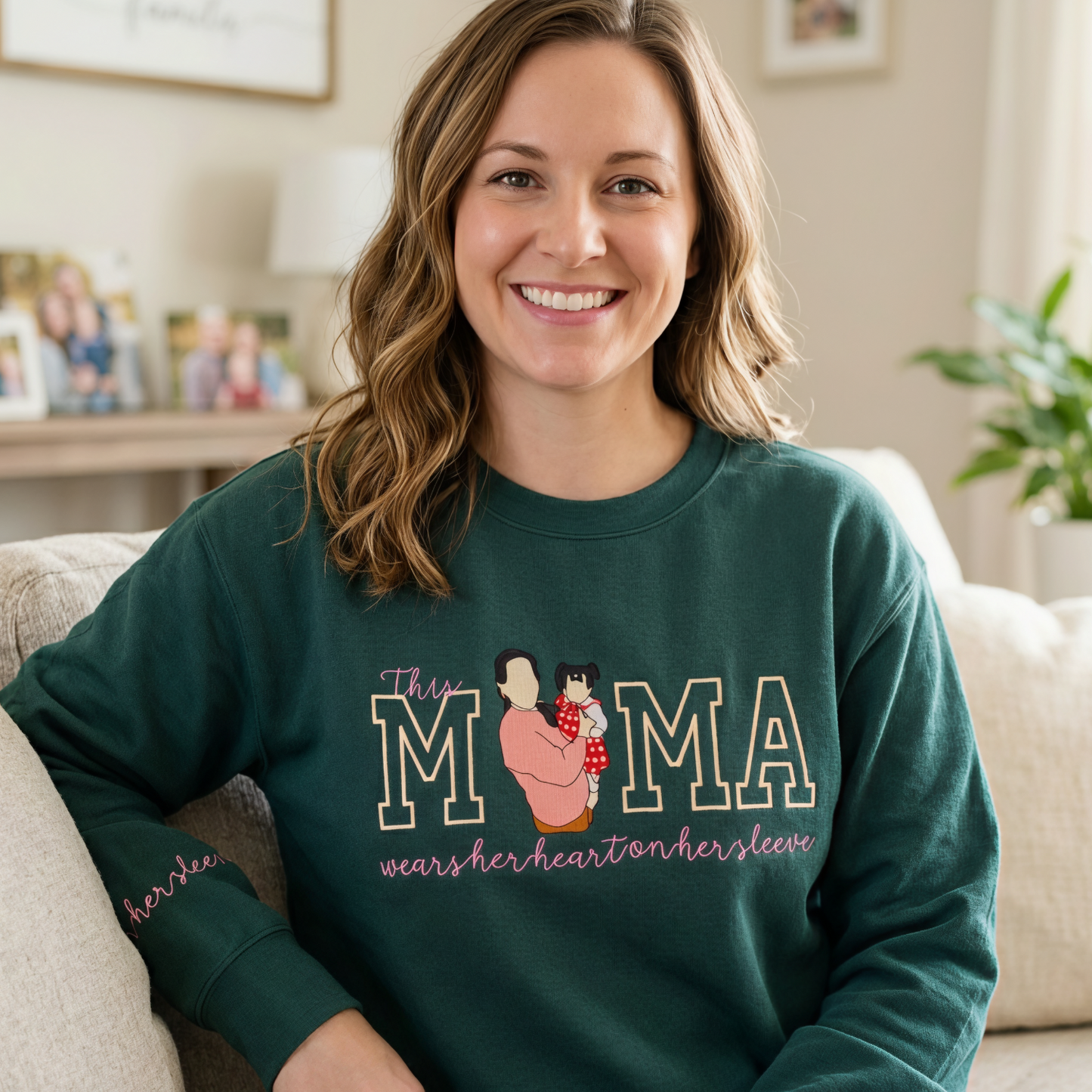 Custom Gift for Mom with Embroidered Mama Wears Her Heart on Her Sleeve, Photo Portrait Sweatshirt or Hoodie