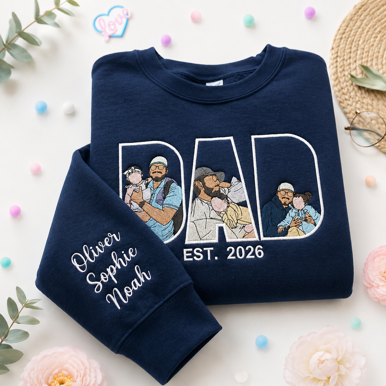 Custom Photo Portrait Embroidery Sweatshirt/Hoodie, Gift For Dad/Mom/Family