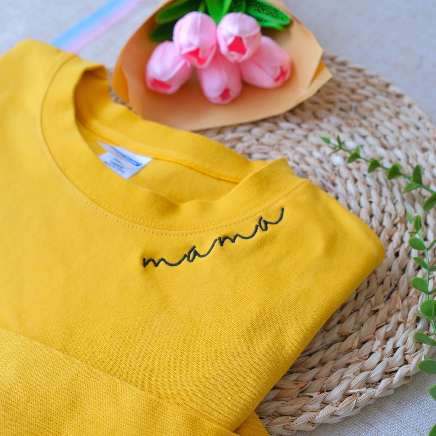 Custom Embroidered Mama Neckline Sweatshirt with Kids Name Sleeve