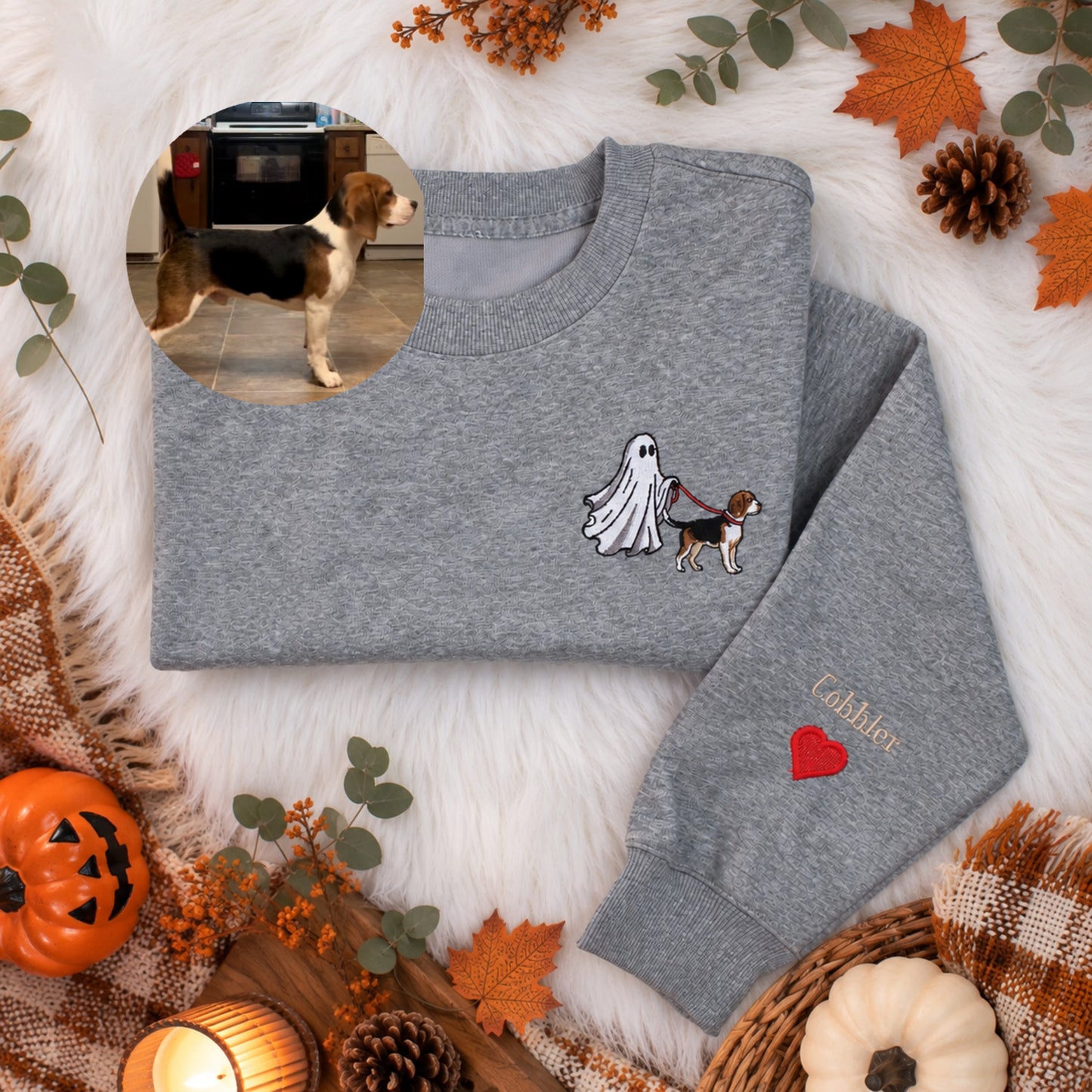 Custom Pet Ghost Walking Embroidered Halloween Shirt, Personalized Pet Photo Comfort Colors Tee, Funny Spooky Pet Lover Gift