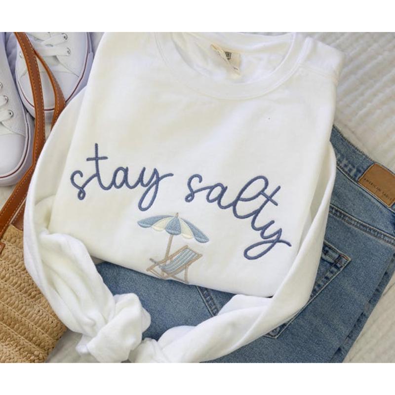 Stay Salty Embroidered Hoodie & Sweatshirt, Coastal Beach Crewneck, Cute Beach Lover Gift