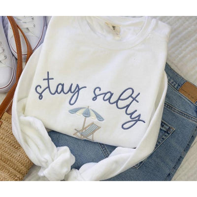 Stay Salty Embroidered Hoodie & Sweatshirt, Coastal Beach Crewneck, Cute Beach Lover Gift