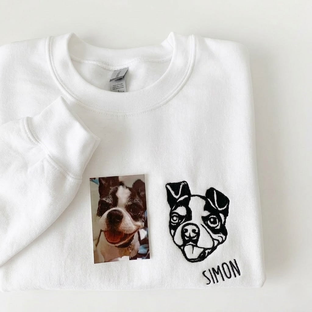 Custom Pet Facial Portrait Embroidered Outline Hoodie Sweatshirt
