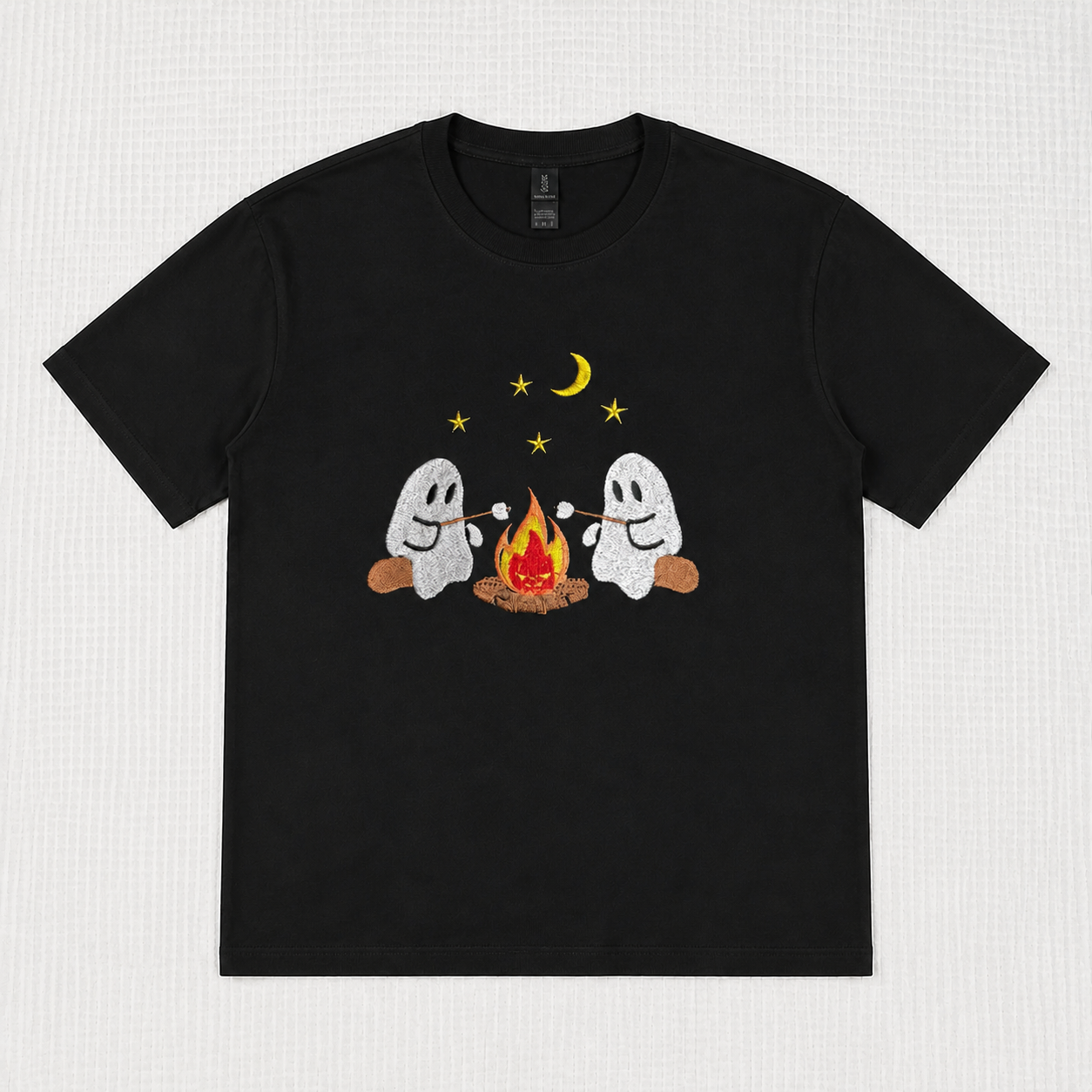 Cute Camping Ghost Embroidered Sweatshirt /Hoodie/Tshirt– Cozy Halloween Campfire Crewneck Pullover