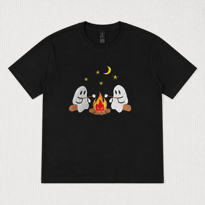 Cute Camping Ghost Embroidered Sweatshirt /Hoodie/Tshirt– Cozy Halloween Campfire Crewneck Pullover