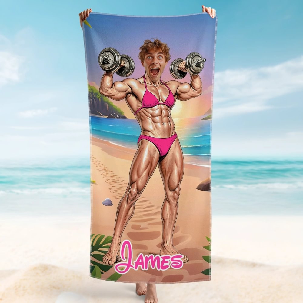 Personalized AI Cartoon Beach Towel | Custom Photo, Name & Sports Theme Gift