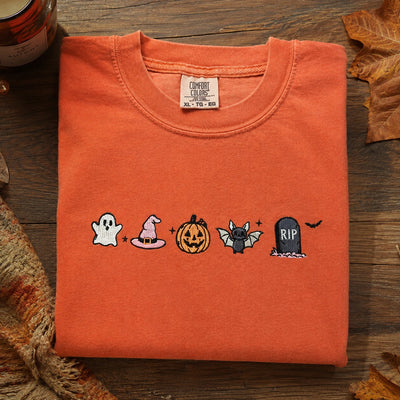Cute Halloween Icons Embroidered Sweatshirt – Pumpkin Ghost Fall Crewneck & Hoodie