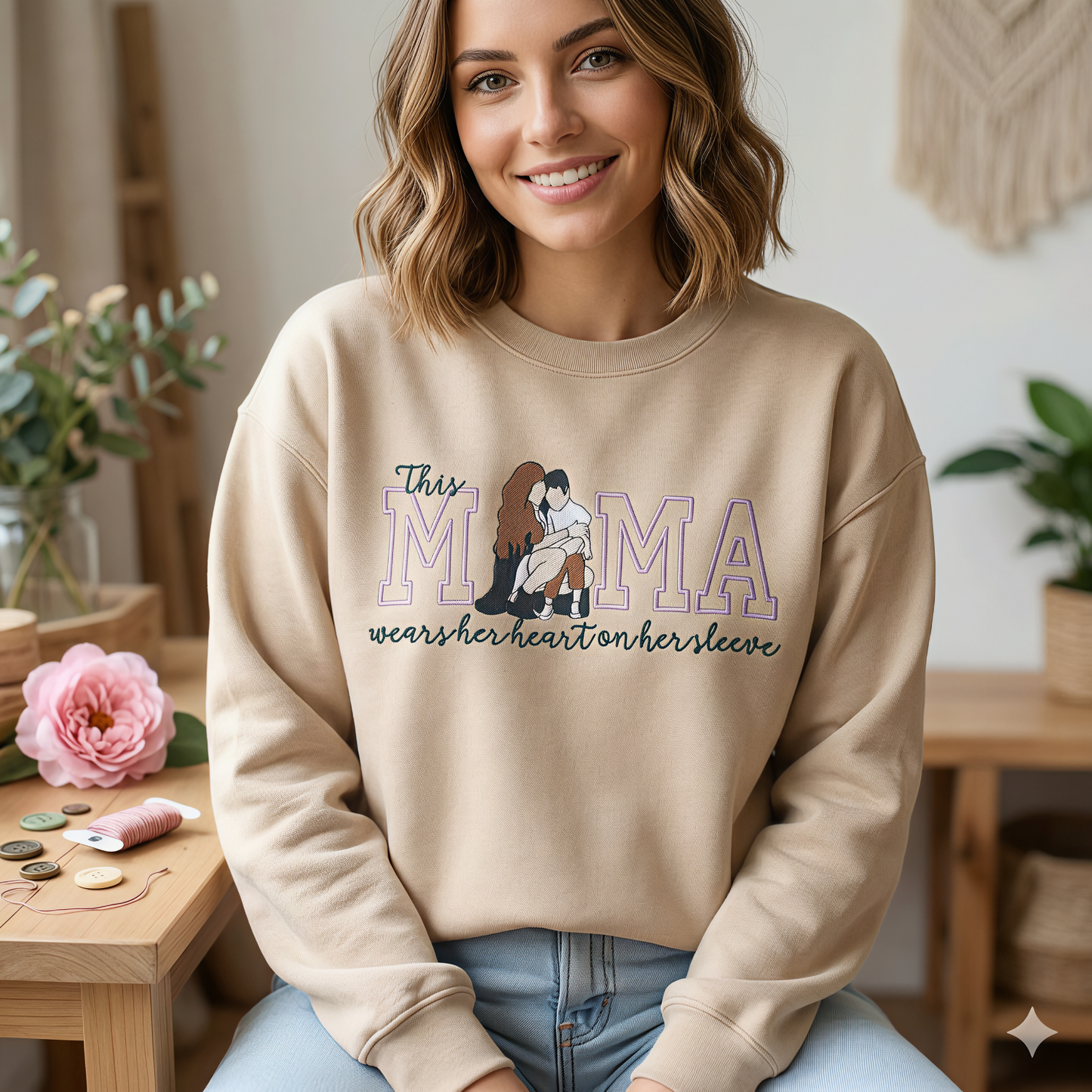 Custom Gift for Mom with Embroidered Mama Wears Her Heart on Her Sleeve, Photo Portrait Sweatshirt or Hoodie