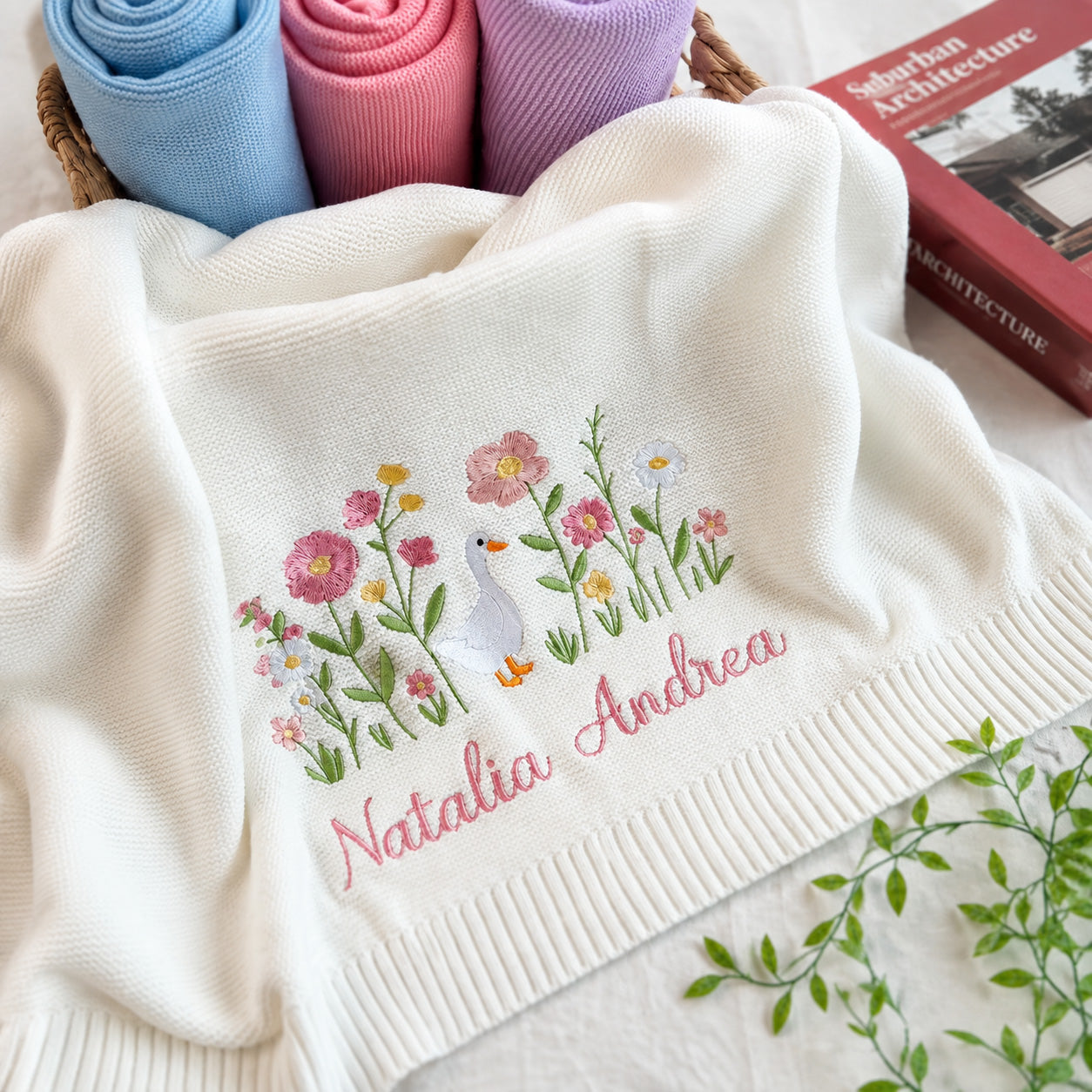 Personalized Baby Name Blanket – Floral Embroidered Newborn Keepsake Gift