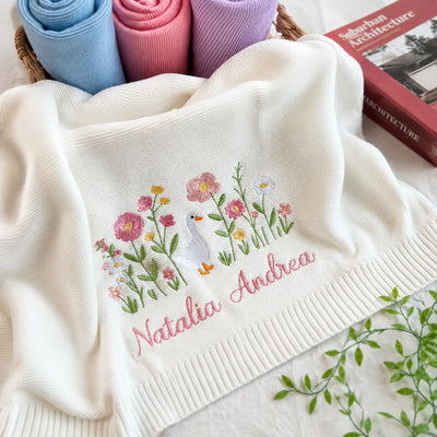 Personalized Baby Name Blanket – Floral Embroidered Newborn Keepsake Gift
