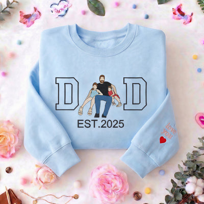 Custom Gift for Dad with Embroidered Papa Wears His Heart on Him Sleeve, Photo Portrait Sweatshirt or Hoodie