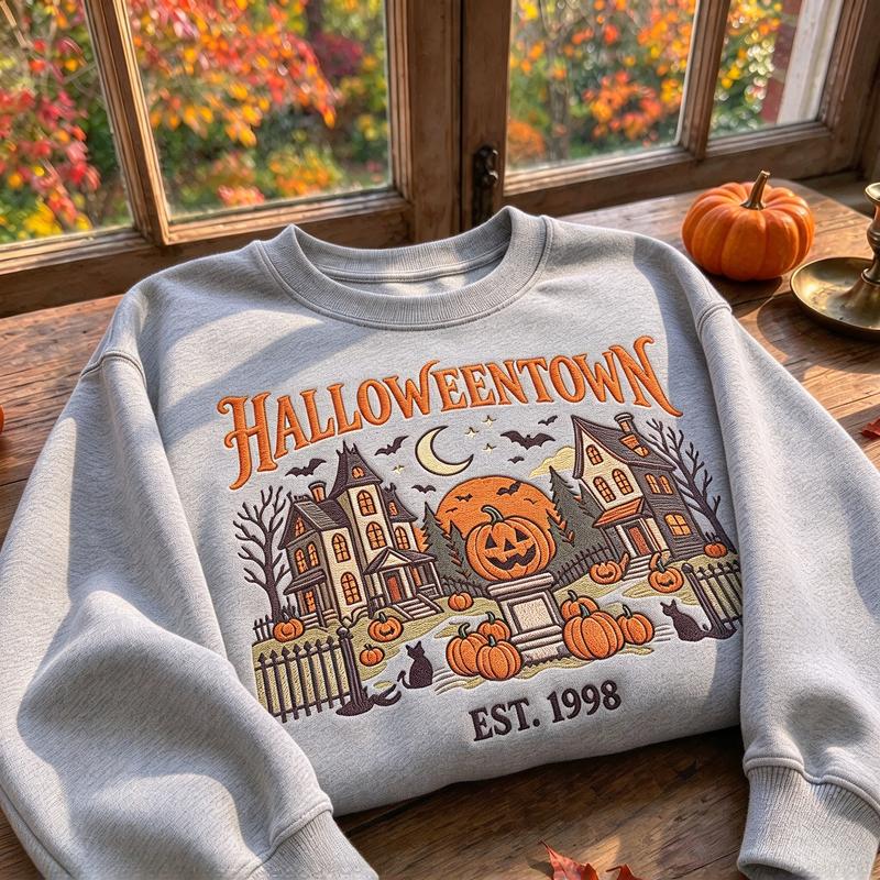 Men's Retro Halloween Town Long Sleeve Crew Neck Sweatshirt - Haunted House Pumpkin Print, Ghost Village Design, Autumn Gift, Halloween Shirt