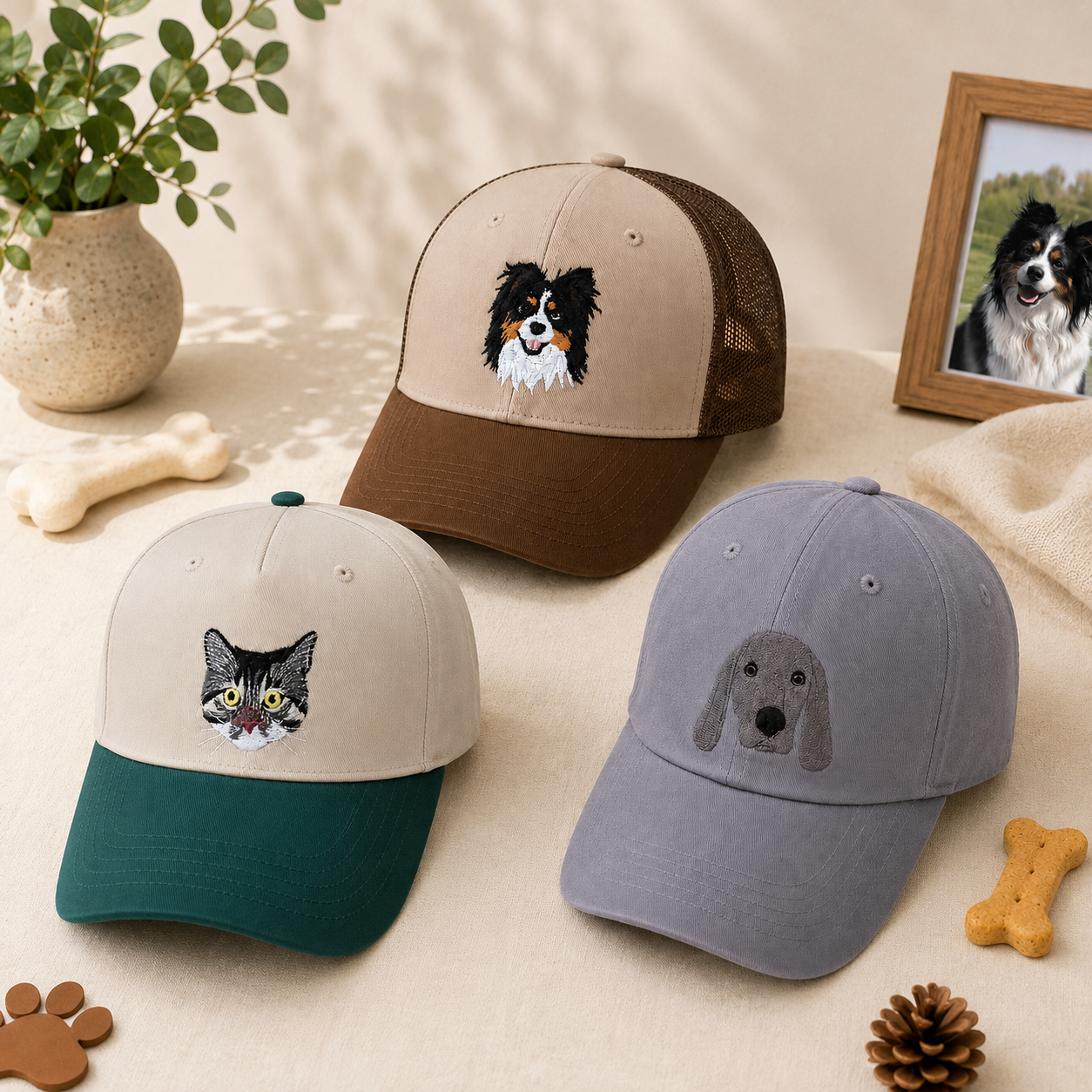 Custom Pet Photo Embroidered Hat with Name, Personalized Dog & Cat Portrait Cap, Pet Lover Gift, Pet Mom Gift, Pet Dad Gift
