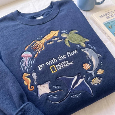 Embroidered Go With The Flow Sweatshirt, Ocean Shirt, Marine Animals Shirt, Marine Life Gifts, Aquarium Lover Gift, Coastal Pullover, Classic Styles, Never Go Out of Fashion, Vintage Fashion, Classic Styles for Everyone