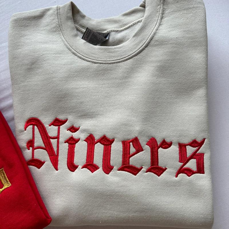Niners Retro Gothic Embroidered Sweatshirt, Red and Gold Game Day Crewneck, Vintage Sporty Pullover
