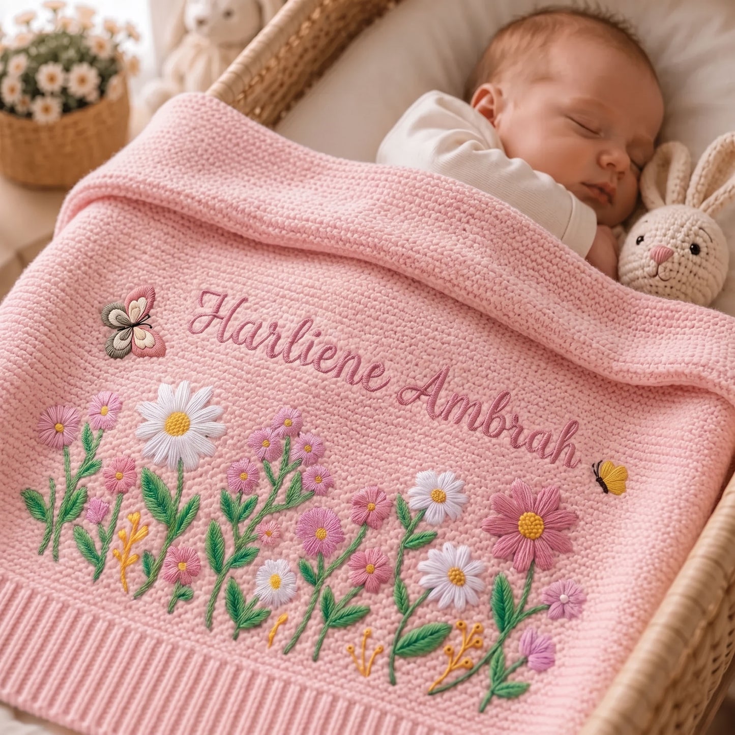 Personalized Baby Name Blanket – Floral Embroidered Newborn Keepsake Gift