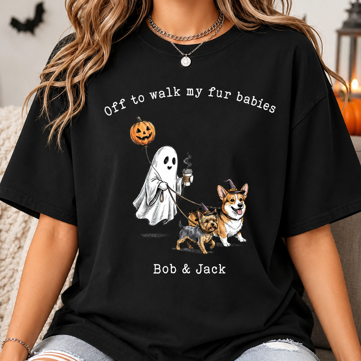Off to Walk My Dog - Personalized Halloween Pet Shirt, Custom Text & Pet Portrait Ghost Tee for Pet Lovers