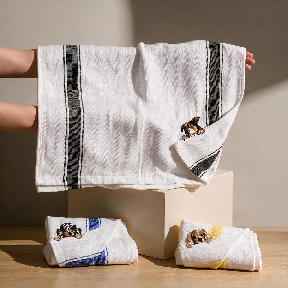 Customizable Puppy Hand Towel – Personalized Pet Name Embroidered Kitchen Tea Towel Gift for Dog Lovers