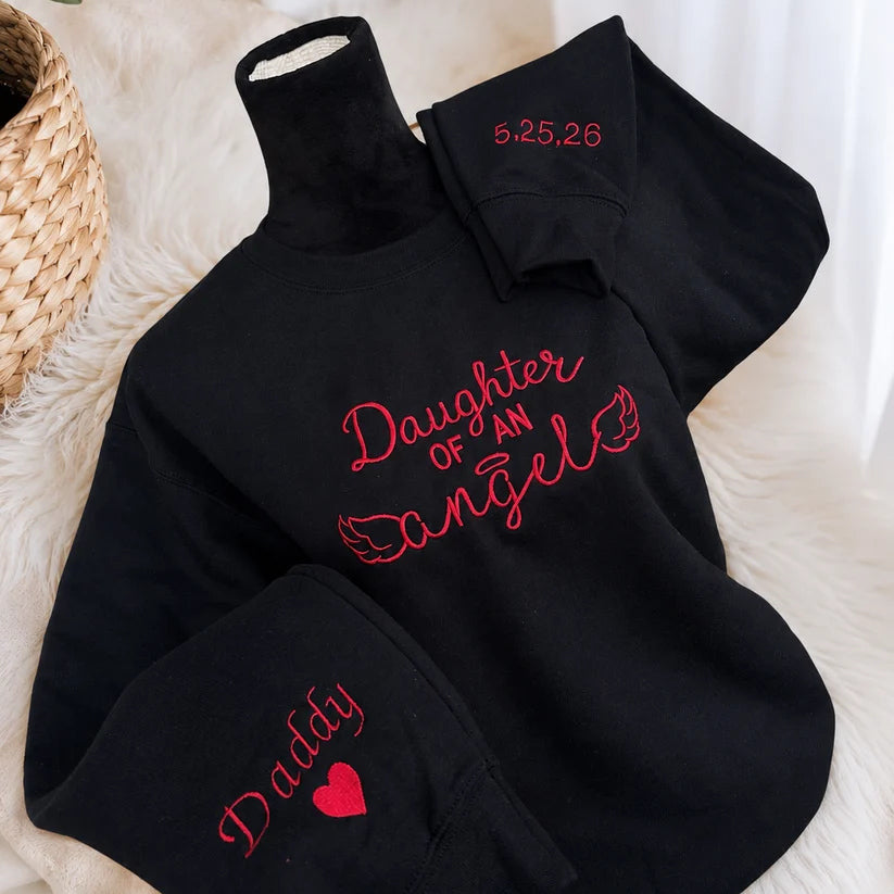 Custom Memorial Embroidered Sweatshirt, Personalized [Relationship] of an Angel Crewneck, Name & Dates on Sleeves, In Loving Memory Gift