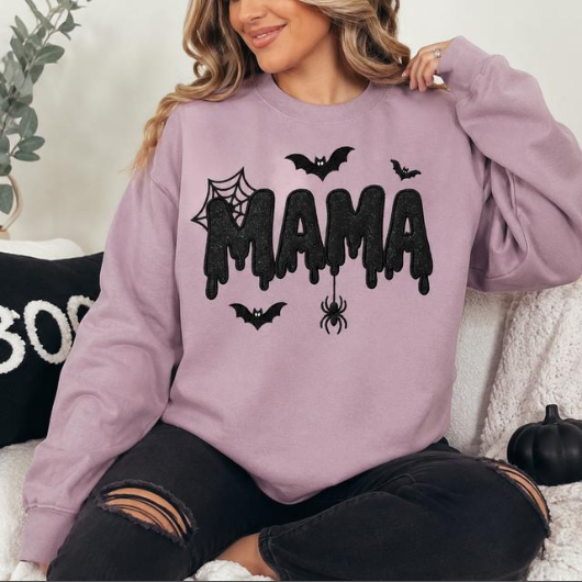 Halloween Mama Glitter Embroidered Sweatshirt/Hoodie – Spooky Mom Crewneck with Bats & Spider Web