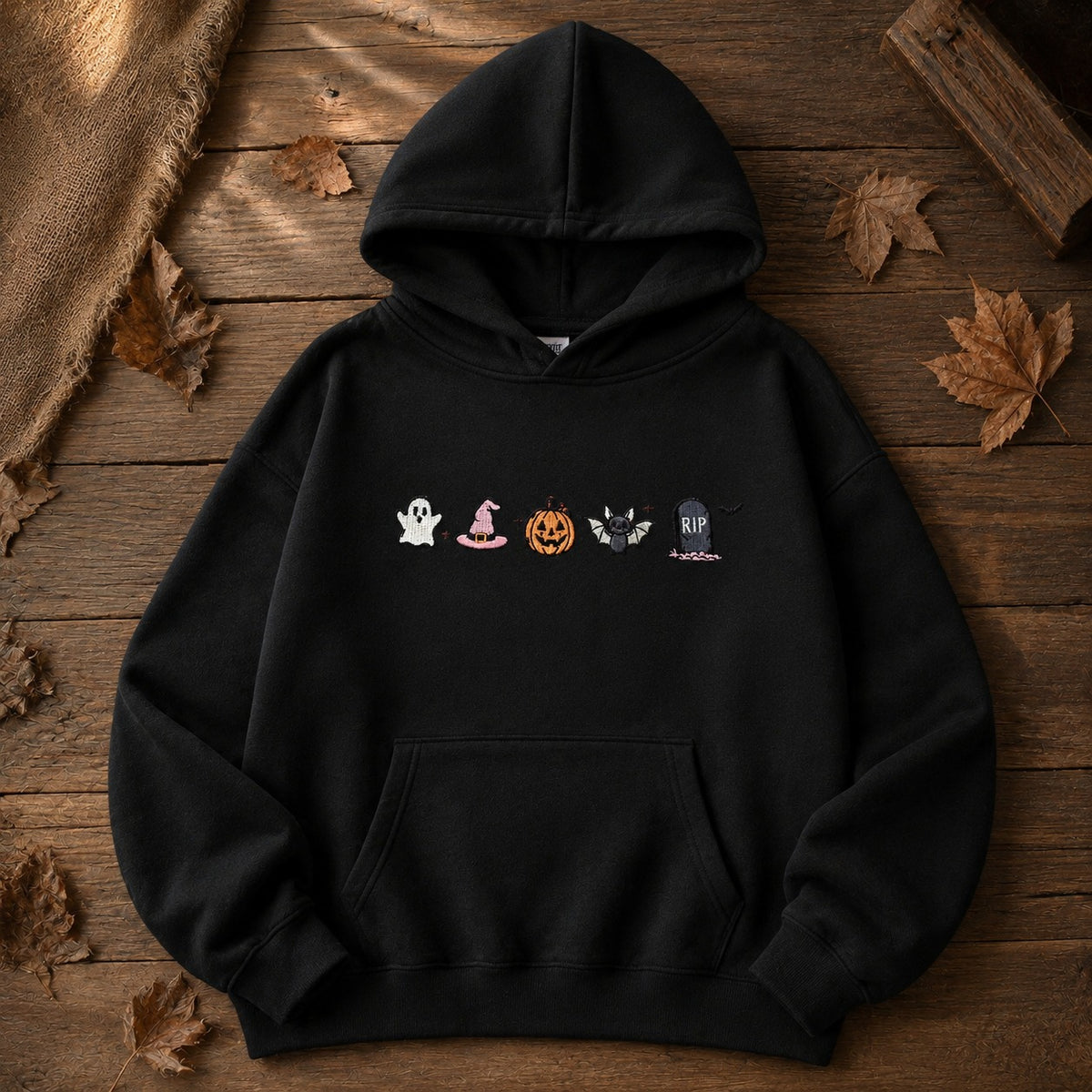 Cute Halloween Icons Embroidered Sweatshirt – Pumpkin Ghost Fall Crewneck & Hoodie