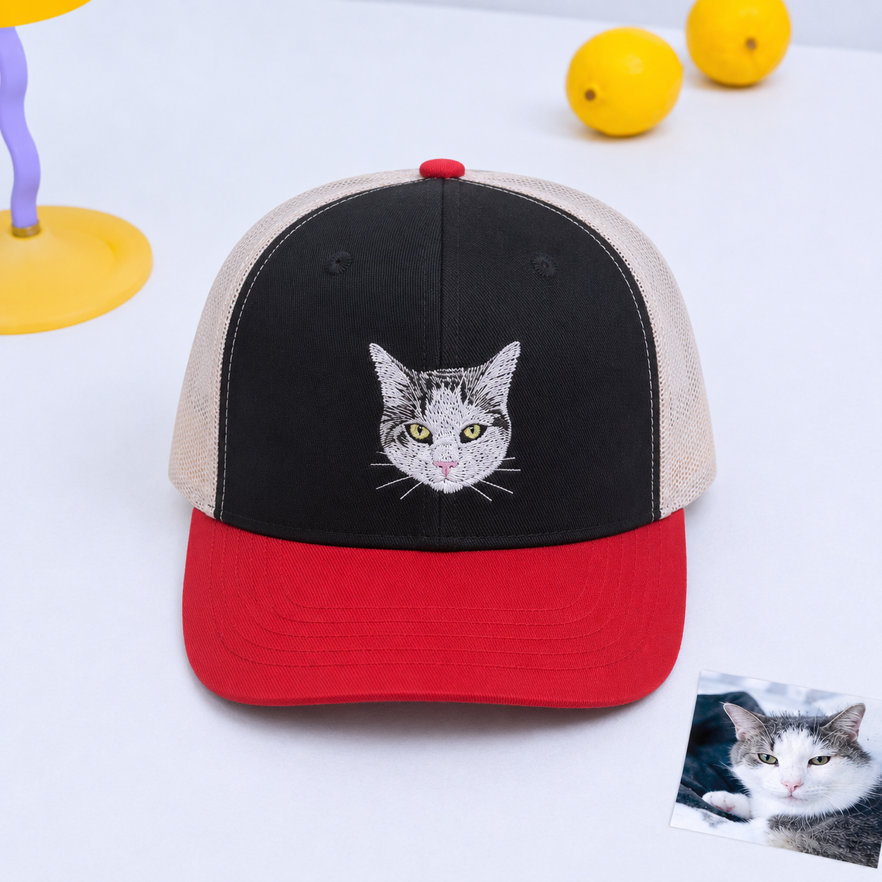Custom Pet Photo Embroidered Hat with Name, Personalized Dog & Cat Portrait Cap, Pet Lover Gift, Pet Mom Gift, Pet Dad Gift