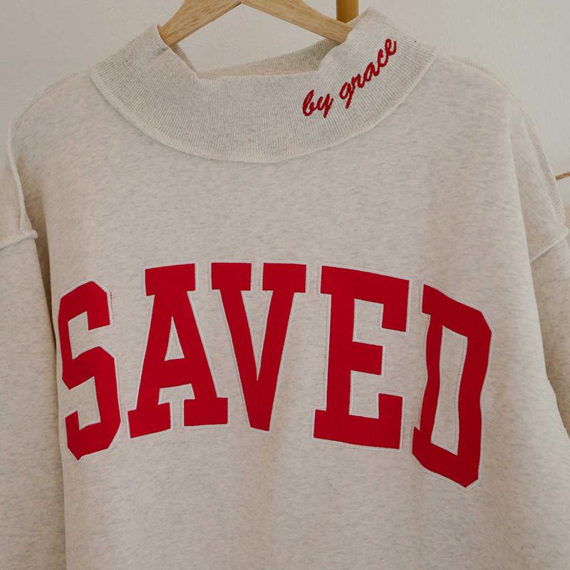 Women's Saved By Grace Embroidered Ribbed High Neck Sweatshirt - Long Sleeve, Oversized Baggy, Comfortable Loose Fabric, Faith-Inspired Everyday Casual Clothes for Women Pullover