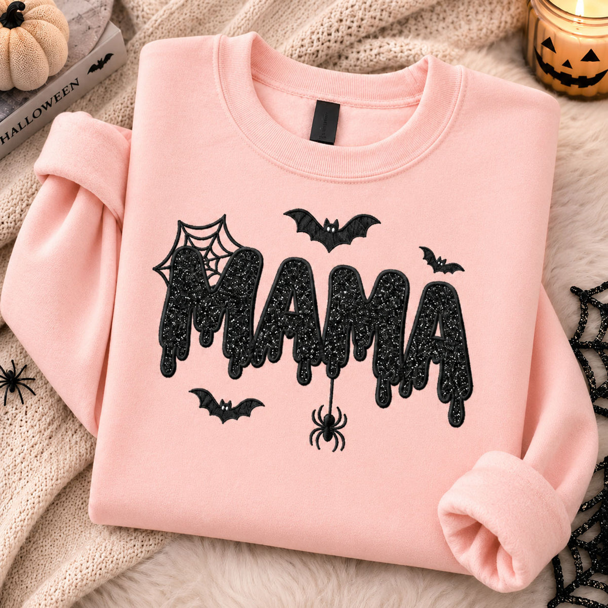 Halloween Mama Glitter Embroidered Sweatshirt/Hoodie – Spooky Mom Crewneck with Bats & Spider Web