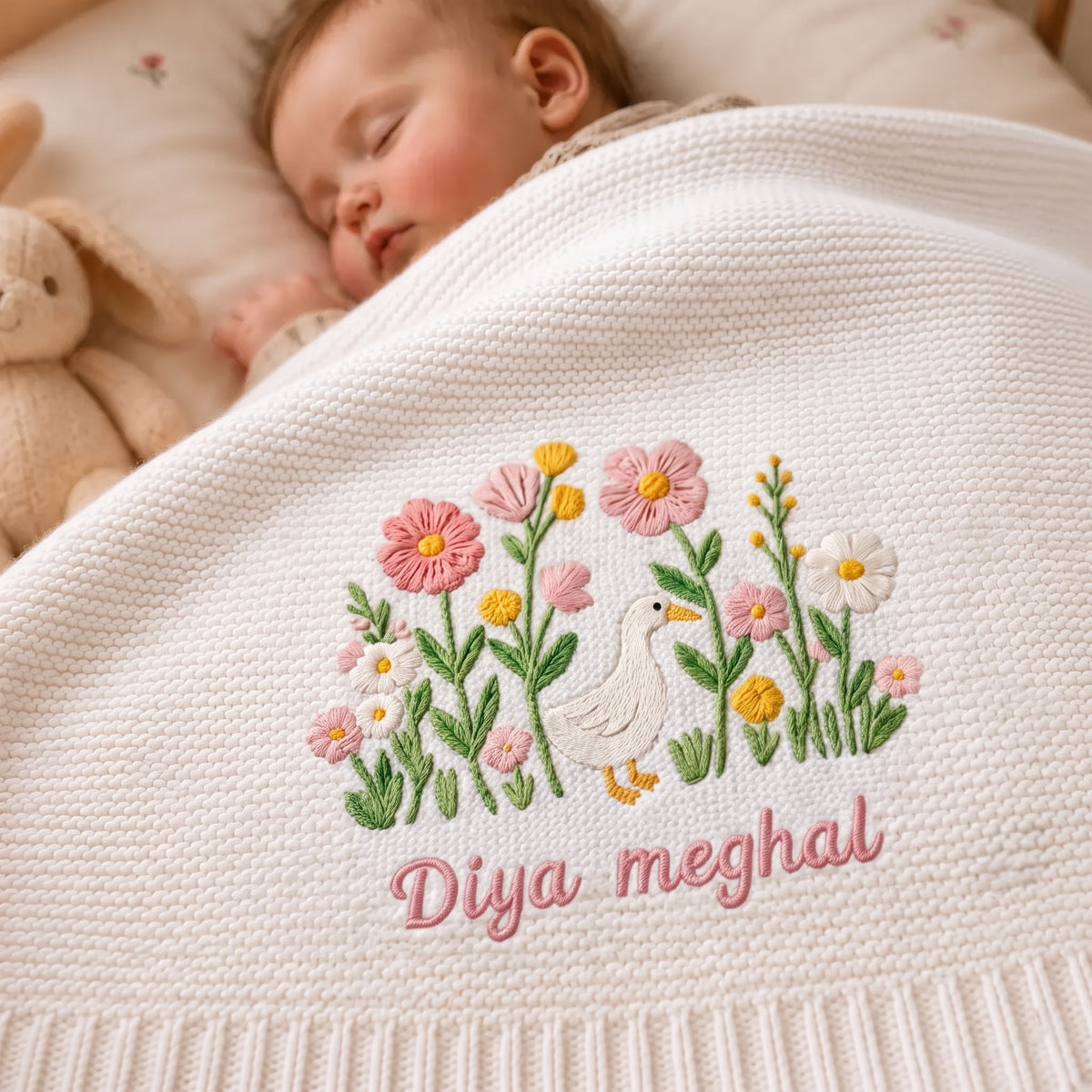 Personalized Baby Name Blanket – Floral Embroidered Newborn Keepsake Gift