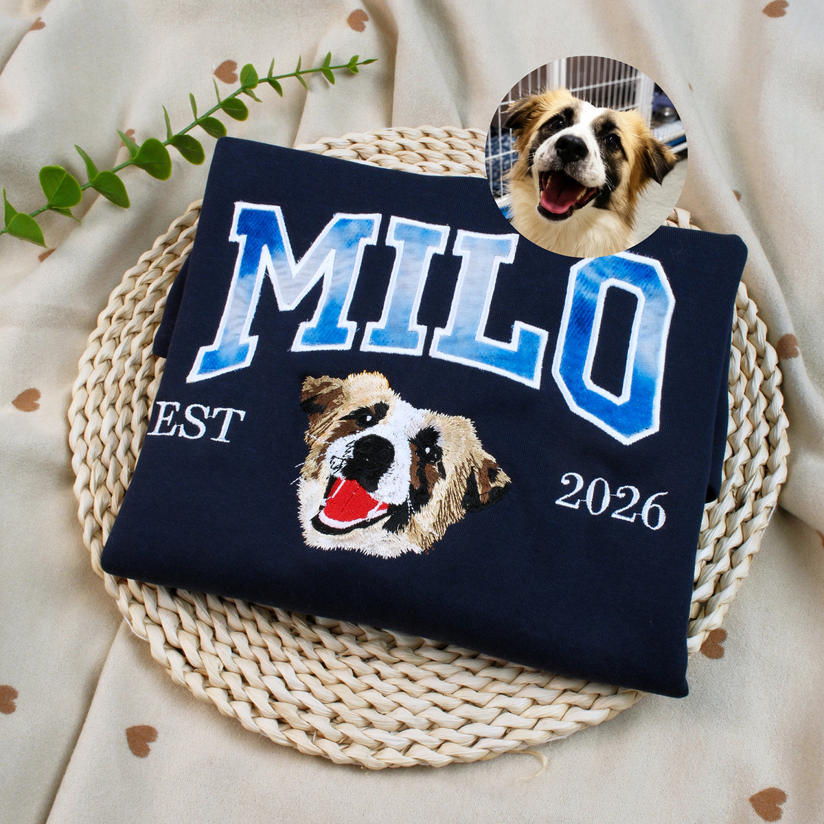 Custom Pet Portrait Embroidered Sweatshirt with Patterned Appliqué Varsity Name