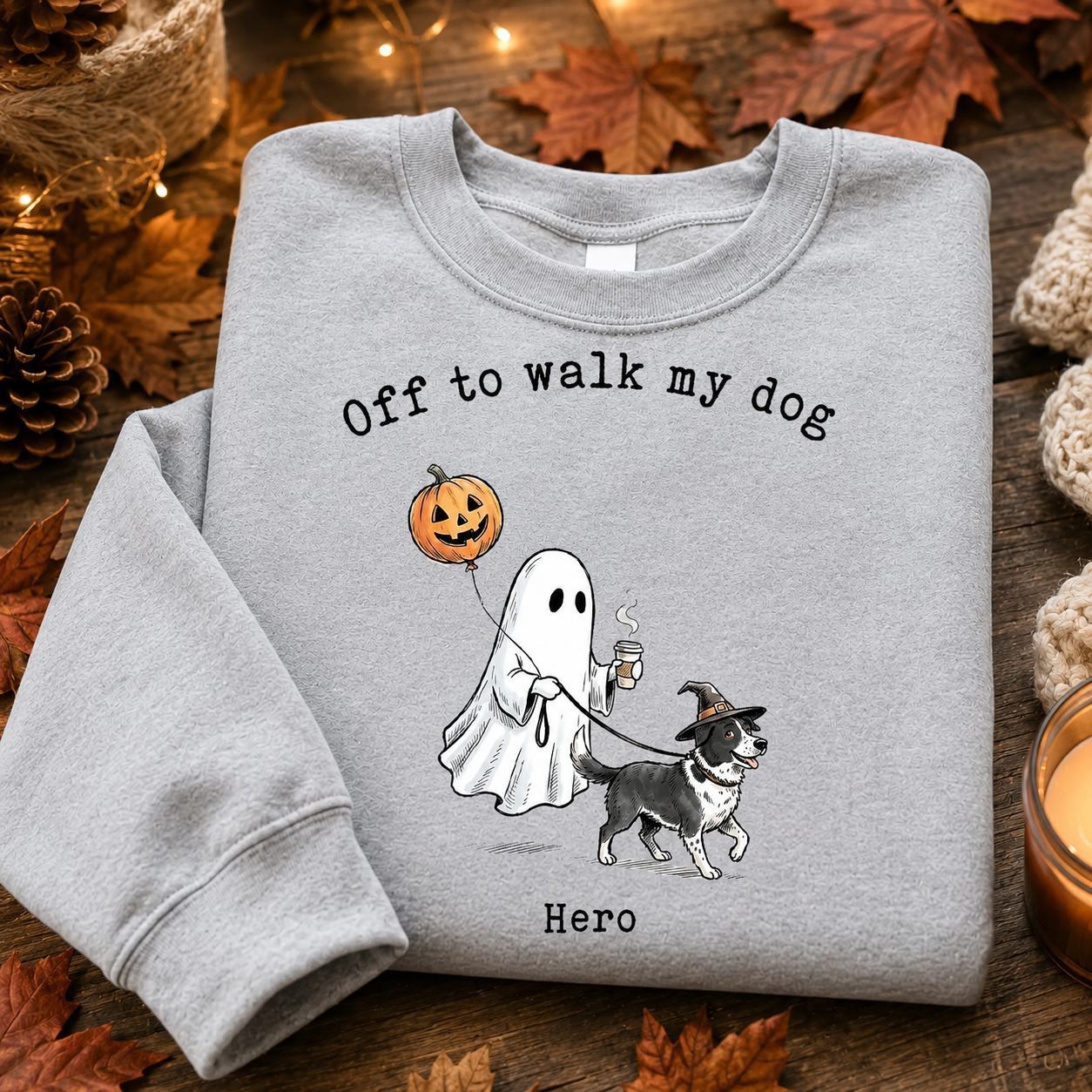 Off to Walk My Dog - Personalized Halloween Pet Shirt, Custom Text & Pet Portrait Ghost Tee for Pet Lovers