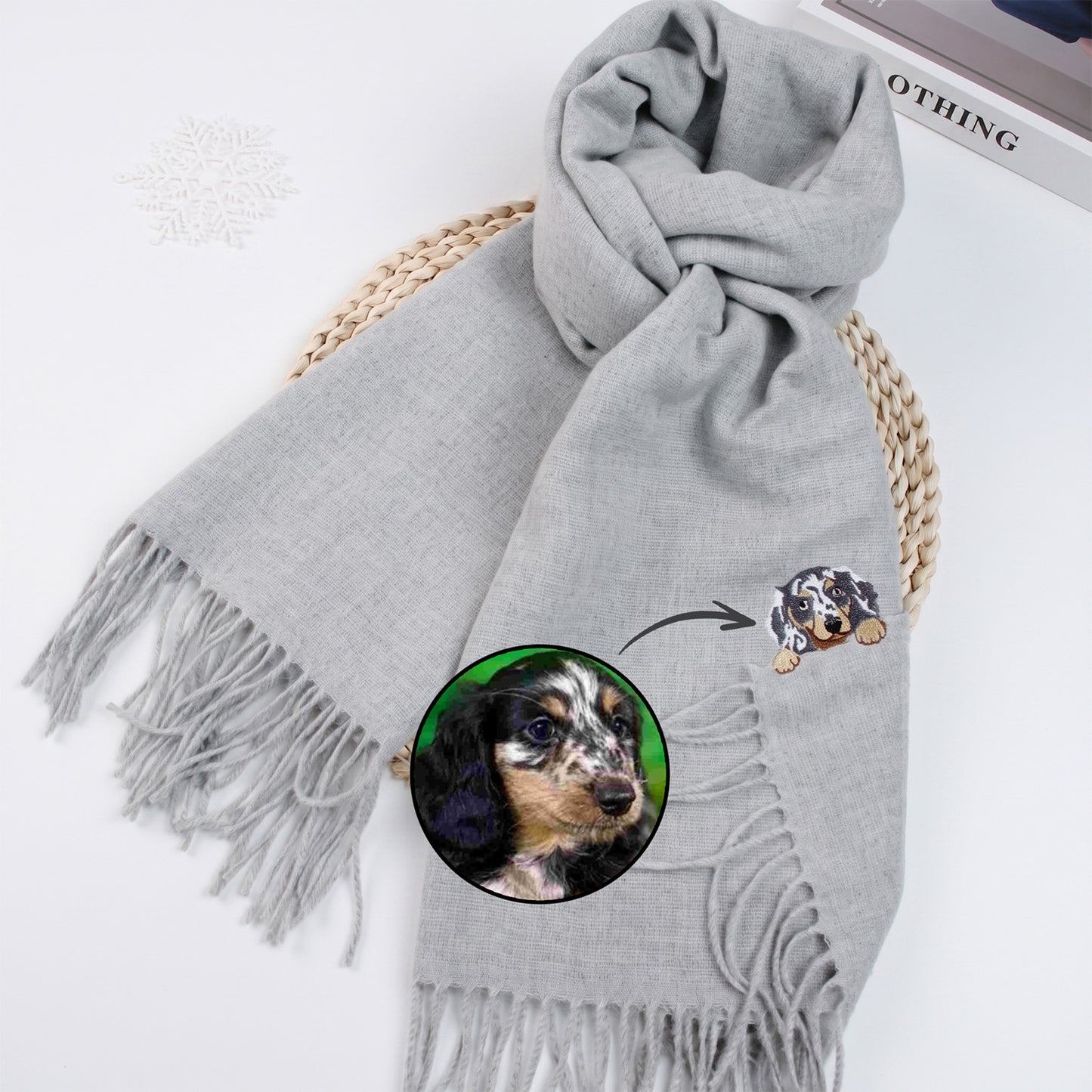 Custom Pet Portrait Embroidered Scarf, Personalized Dog & Cat Scarf, Unique Christmas Gift for Pet Lovers
