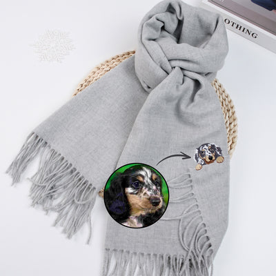 Custom Pet Portrait Embroidered Scarf, Personalized Dog & Cat Scarf, Unique Christmas Gift for Pet Lovers