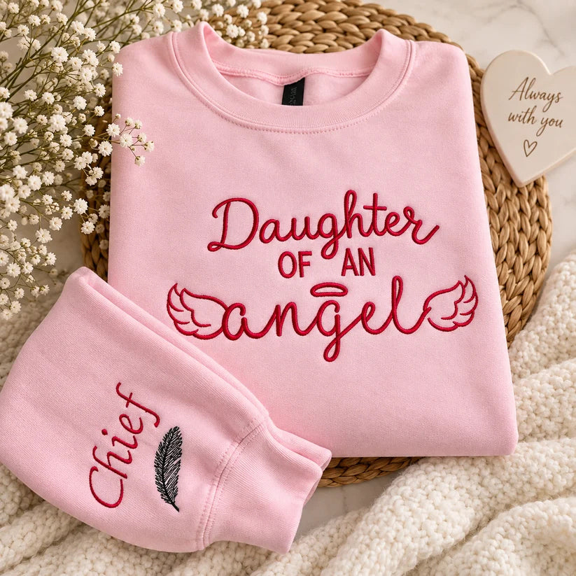 Custom Memorial Embroidered Sweatshirt, Personalized [Relationship] of an Angel Crewneck, Name & Dates on Sleeves, In Loving Memory Gift