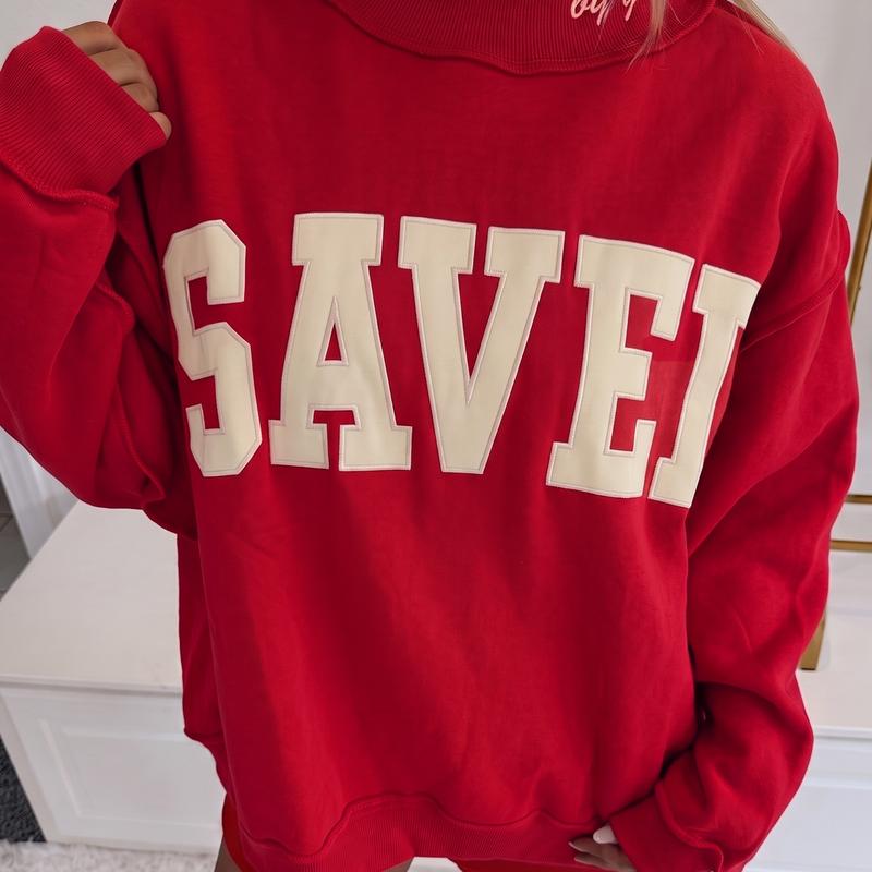 Women's Saved By Grace Embroidered Ribbed High Neck Sweatshirt - Long Sleeve, Oversized Baggy, Comfortable Loose Fabric, Faith-Inspired Everyday Casual Clothes for Women Pullover