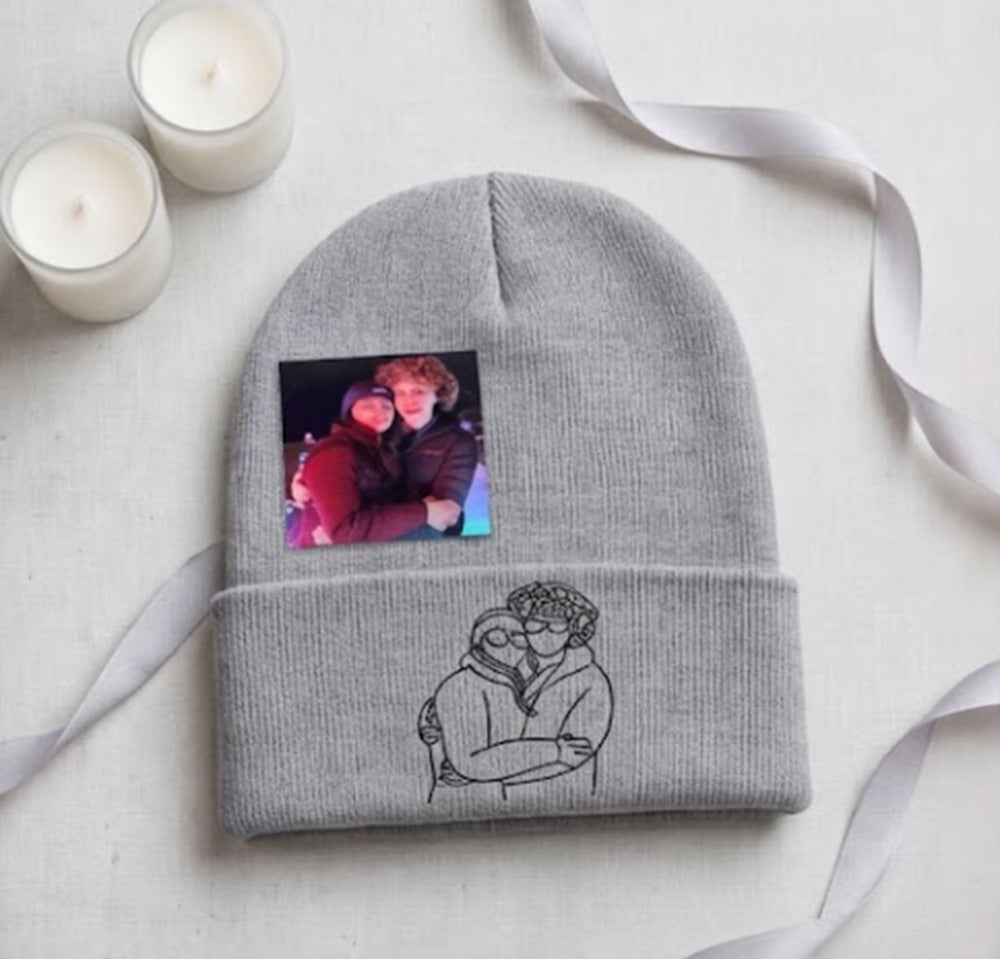 Custom Couple Beanie with Embroidered Portrait from Photo, His and Her Anniversary Gifts