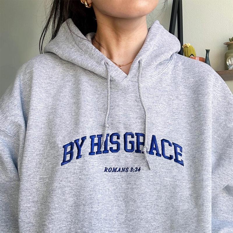 By His Grace Embroidered Hoodie & Sweatshirt, Christian Faith Crewneck, Romans 3:24 Bible Verse Pullover, Religious Gift for Christians