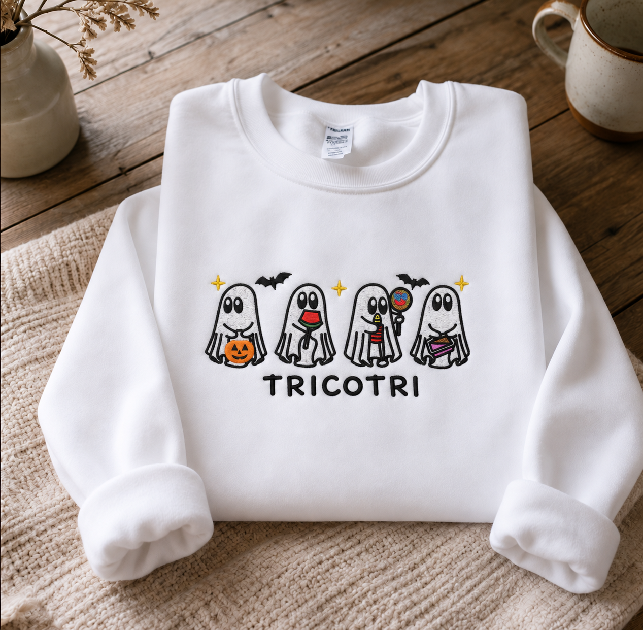 Tricotri Halloween Embroidered Crewneck Sweatshirt, Spooky Unisex Embroidered Sweater