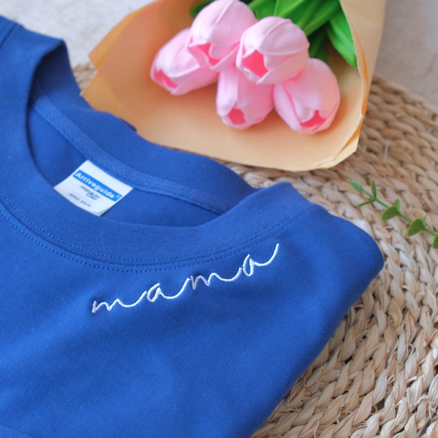 Custom Embroidered Mama Neckline Sweatshirt with Kids Name Sleeve