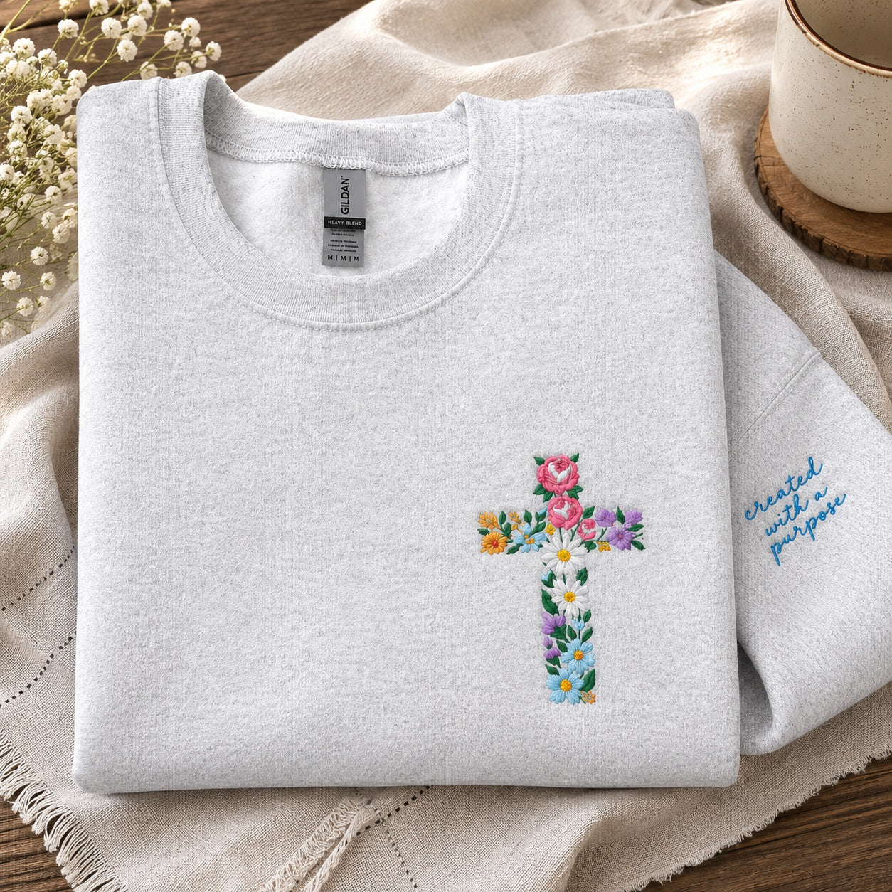 Created With a Purpose Embroidered Sweatshirt – Christian Cross Faith Crewneck & Hoodie