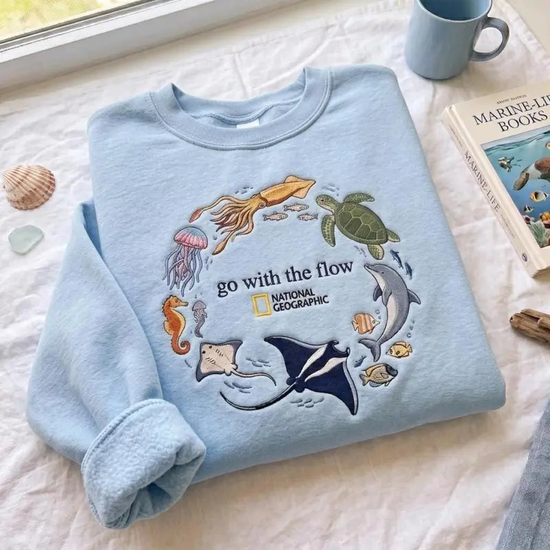 Embroidered Go With The Flow Sweatshirt, Ocean Shirt, Marine Animals Shirt, Marine Life Gifts, Aquarium Lover Gift, Coastal Pullover, Classic Styles, Never Go Out of Fashion, Vintage Fashion, Classic Styles for Everyone