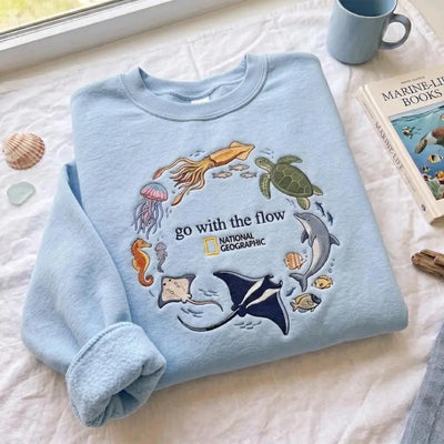 Embroidered Go With The Flow Sweatshirt, Ocean Shirt, Marine Animals Shirt, Marine Life Gifts, Aquarium Lover Gift, Coastal Pullover, Classic Styles, Never Go Out of Fashion, Vintage Fashion, Classic Styles for Everyone
