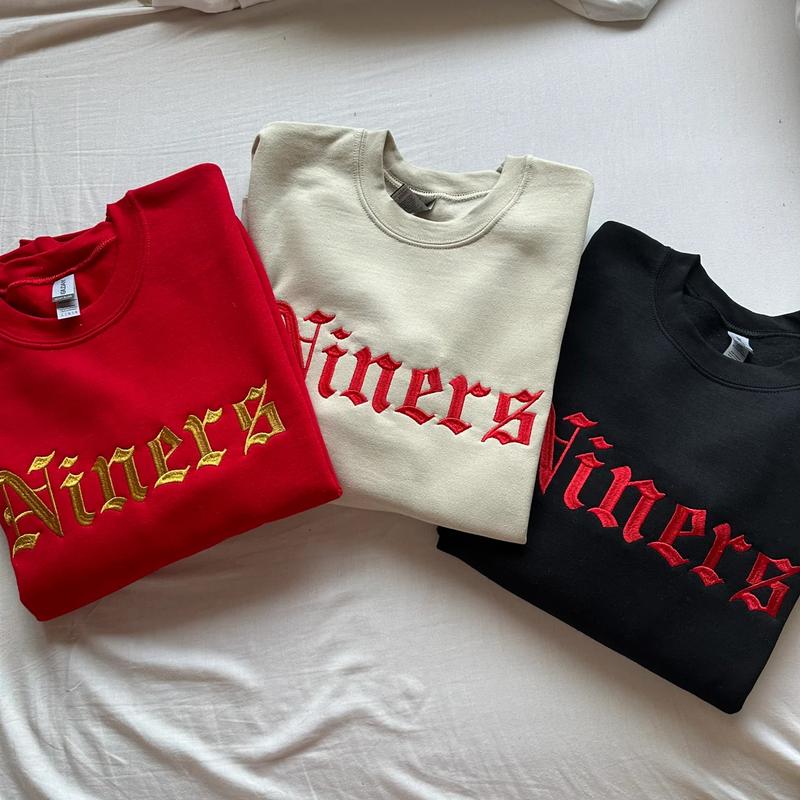 Niners Retro Gothic Embroidered Sweatshirt, Red and Gold Game Day Crewneck, Vintage Sporty Pullover