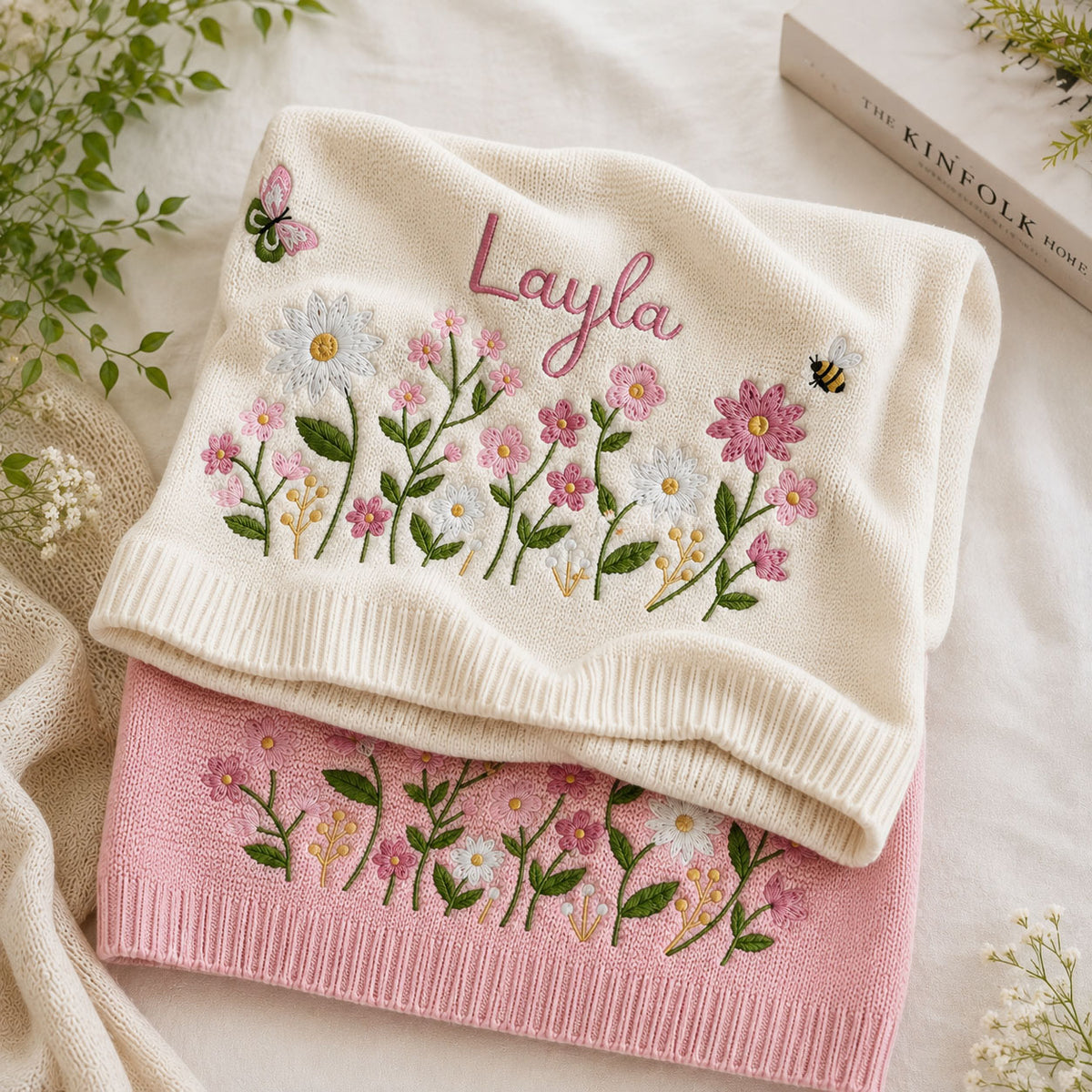 Personalized Baby Name Blanket – Floral Embroidered Newborn Keepsake Gift